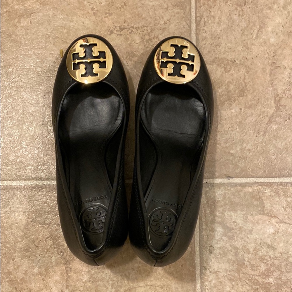 Tory Burch Black Flats with Gold Emblem